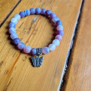 Purple and Pink Beaded Bracelet with Butterfly Charm